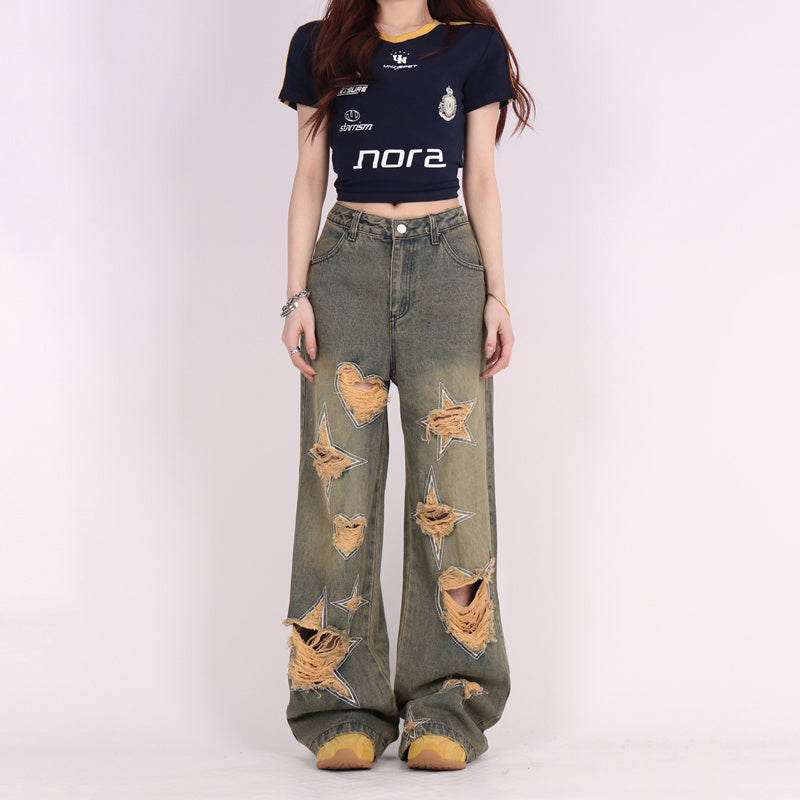 Retro Tattered Jeans Pants Love Wide Leg Jeans