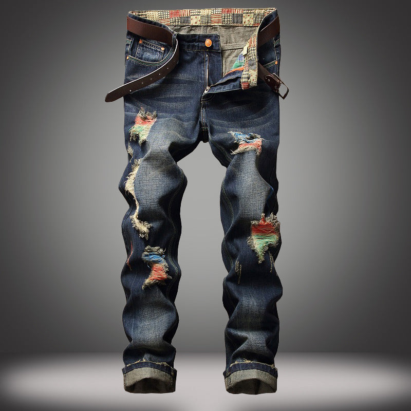 European and American street personality paint jeans men's hole straight jeans