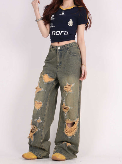 Retro Tattered Jeans Pants Love Wide Leg Jeans
