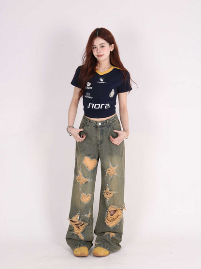 Retro Tattered Jeans Pants Love Wide Leg Jeans
