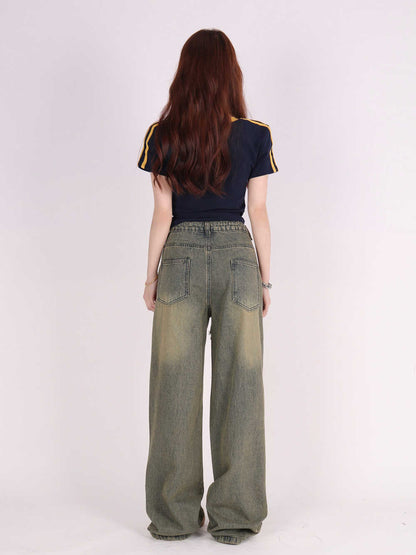 Retro Tattered Jeans Pants Love Wide Leg Jeans